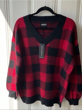 HEIMISH USA Red and Black Buffalo Plaid V-Neck Sweater